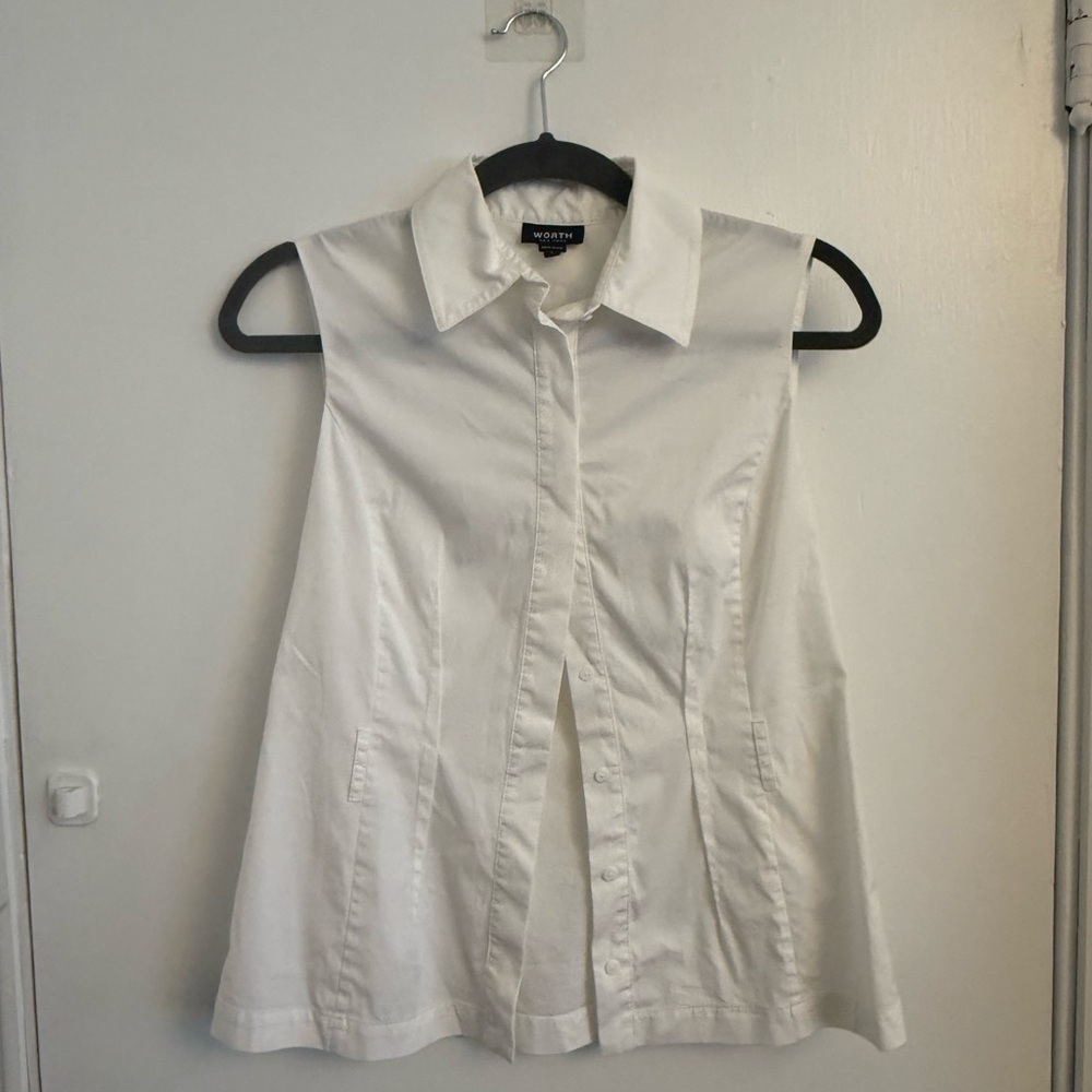 Worth White Sleeveless Notched Collar Button Down Shirt